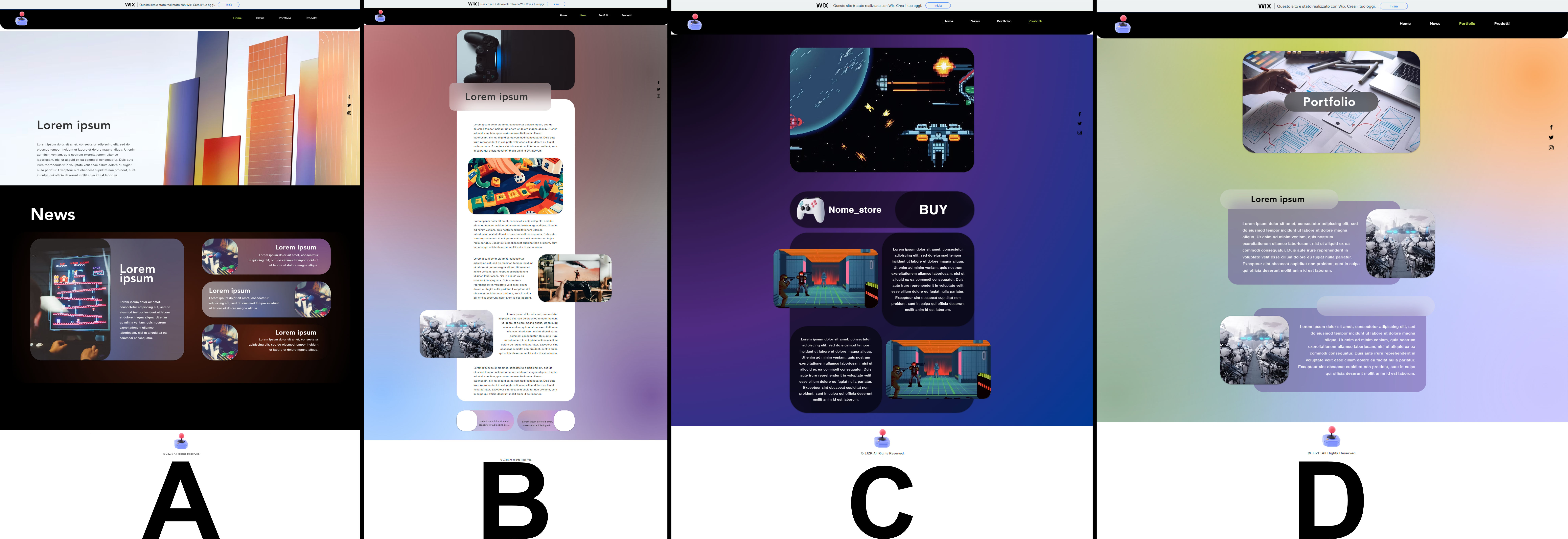 Immagine raffigurante la versione desktop del primo concept del sito, diviso in 5 parti con le lettere A, B, C, D ed E