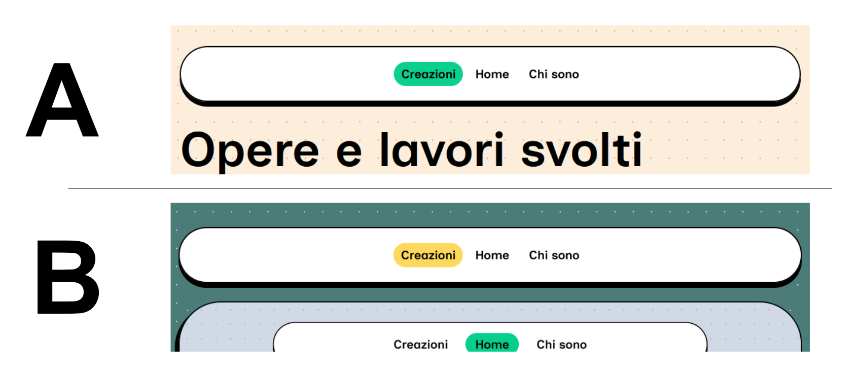 Immagine raffigurante i comportamento della barra di navigazione nella sezione denominata creazioni
